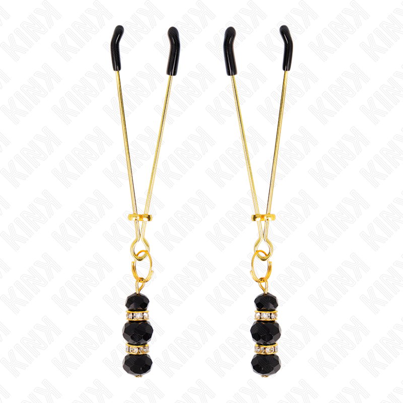 KINK - PINÇAS FINAS DOURADAS COM 3 CONTAS DE VIDRO PRETAS 7 CM - Image 2